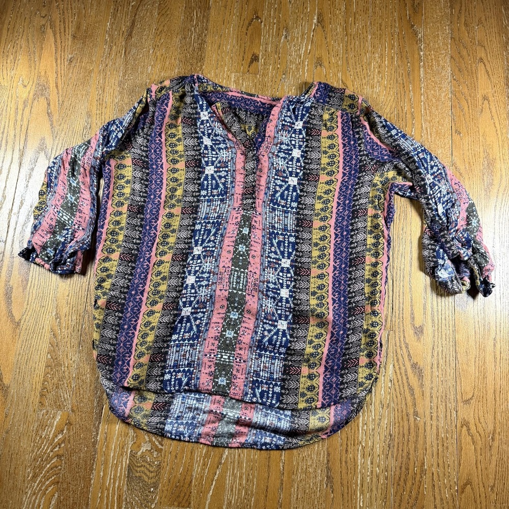 Boho Tunic Blouse Womens XL Multicolor Striped 3/4 Sleeve Henley Top Relaxed Fit